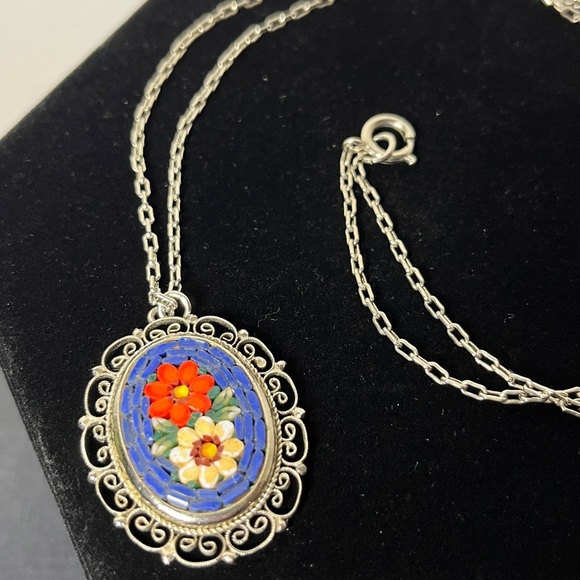 Vintage Micro Mosaic Floral Art Tiles in‎ Filigree Silver Pendant Necklace Italy - Picture 2 of 4